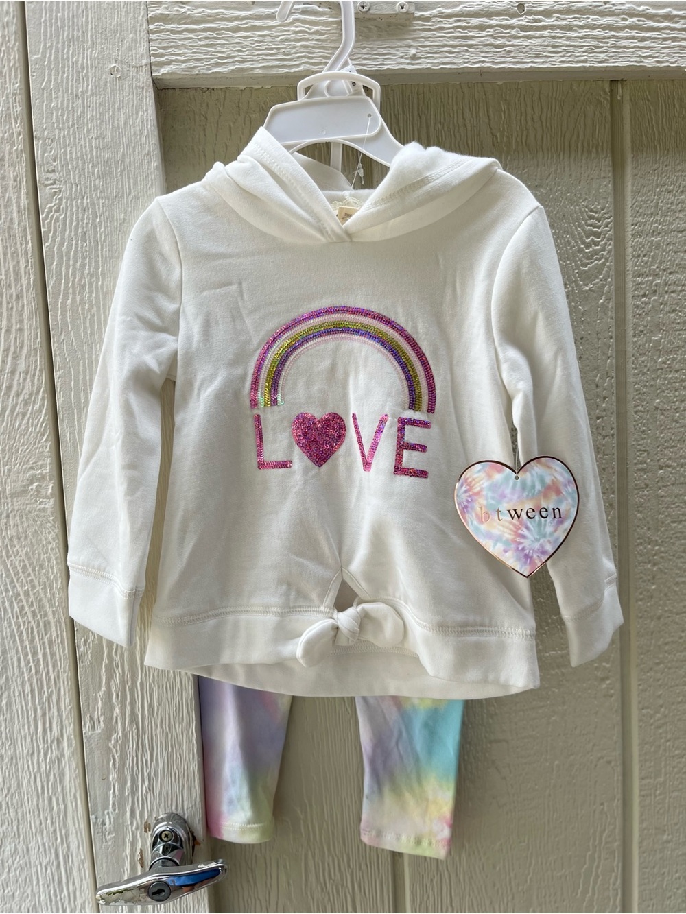 NWT btween White Hoodie Set with Iridescent Rainbow LOVE Accents